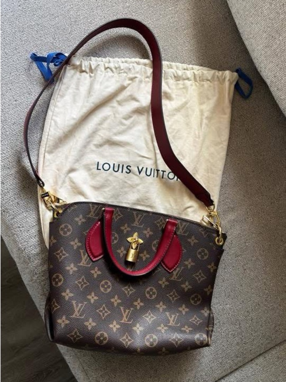 Louis Vuitton Monogram Shoulder Bag with Brown Canvas and Red Trim